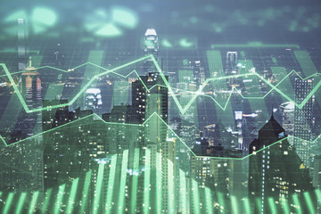 Double exposure of forex chart drawings over cityscape background. Concept of success.