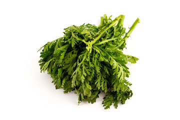 a batch of tung ho, Chrysanthemum greens, on white background