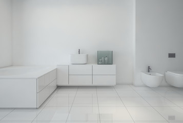 Monochromatic white bathroom interior