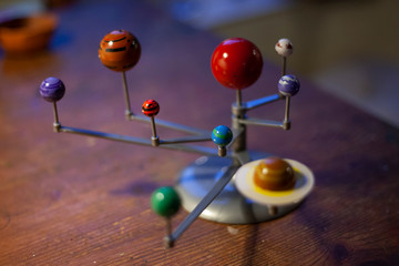 Solar system in miniature. Layout of our system. Star and planets around. Toy planet in space. The world we live in.