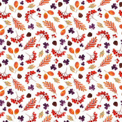 Watercolor seamless pattern with viburnum berries, viburnum leaves and purple clover leaves. Autumn seamless background for cards, wrapping paper.