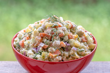 Healthy homemade russian traditional salad olivier ready to eat, close up