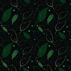 Seamless pattern with patterned leaves. Complex illustration print.