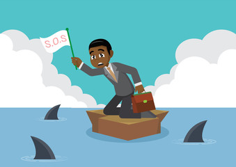 Cartoon character, African Businessman surrounded by shark.