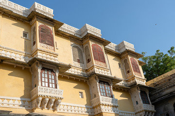 Detail of architecture, decorated facade in Udaipur, Rajasthan, India