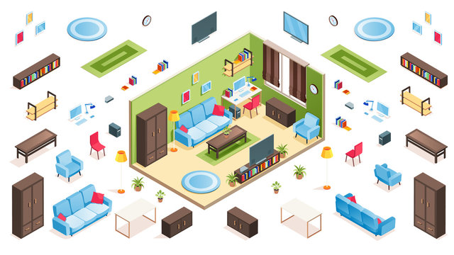 Living room interior and isometric items for apartment constructor. Isolated couch or sofa, chair and table, armchair and vase, plant pot and carpet, picture frame, plasma tv, clock,.Furniture, indoor