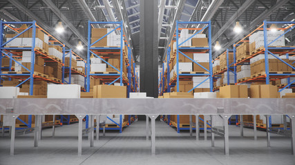 Packages delivery, parcels transportation system concept, cardboard boxes on conveyor belt in warehouse. Warehouse with cardboard boxes inside on pallets racks. Huge modern warehouse, 3D Illustration