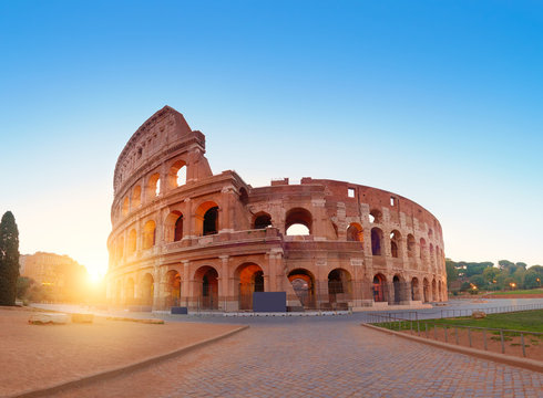 Colosseum in Rome on a sunrise, panoramic image
