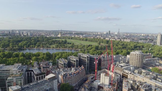 Aerial establishing shot of new build developments in South Kensington and Knightsbridge, London