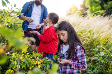 Group of school children with teacher on field trip in nature, learning science.