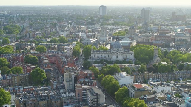 Early morning aerial establishing shot of central London