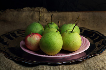 Green organic pears and one small red apple, different not like others, on delicate pink plate on silver metal tray, picturesque still life on coarse retro cloth canvas. Dark atmospheric fall harvest