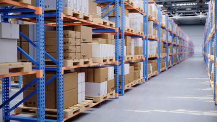 Warehouse with cardboard boxes inside on pallets racks, logistic center. Huge, large modern warehouse. Warehouse filled with cardboard boxes on shelves, boxes stand on pallets, 3D Illustration