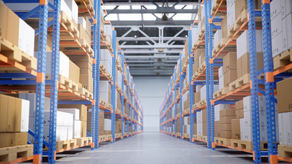 Naklejka premium Warehouse with cardboard boxes inside on pallets racks, logistic center. Huge, large modern warehouse. Warehouse filled with cardboard boxes on shelves, boxes stand on pallets, 3D Illustration