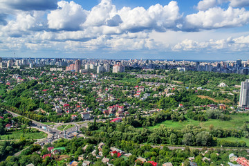 Fototapeta premium Aerial photograph taken from a plane in Kyiv, Ukraine. Selective focus