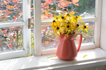 bouquet of yellow  flowers in vase on windowsill © Alusha