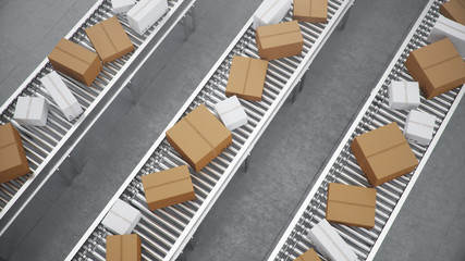 Fototapeta premium 3D illustration Packages delivery, packaging service and parcels transportation system concept, cardboard boxes on a conveyor belt in a warehouse, Three conveyor belts