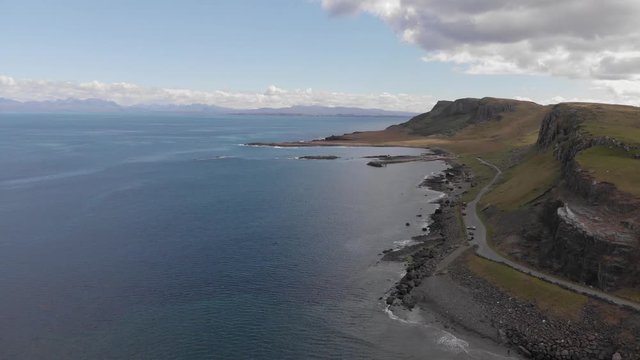 An Corran Beach, Staffin Bay, Isle Of Skye, Scotland Highlands Aerial 4K Cine D