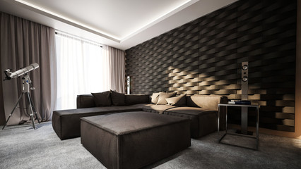 Luxury living room with brown decor and telescope