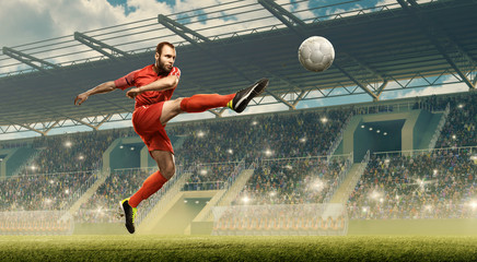Soccer player kicks a ball. Soccer championship. Stadium with fans