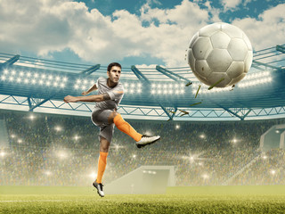 Naklejka premium Soccer player kicks a ball. Soccer championship. Stadium with fans