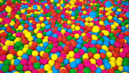 Fototapeta na wymiar Pile of gumballs closeup with colorful rolling and falling balls. Multicolored spheres in pool for children fun abstract background. Bright 3D illustration with depth of field. Camera zooms out