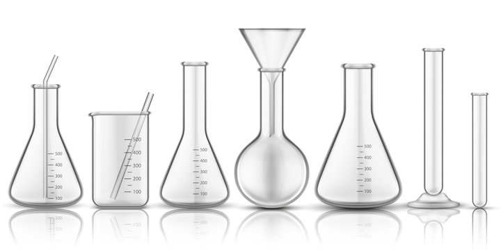 Glassware beaker or measuring glass. Set of isolated chemistry flask or biology test-tube, science tube for liquid. Biology reaction research. Pharmacology and medicine, education technology theme