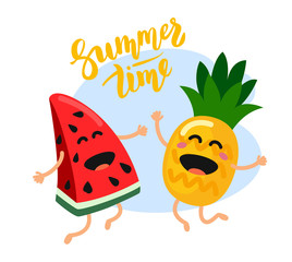 Pineapple and watermelon lie on the beach