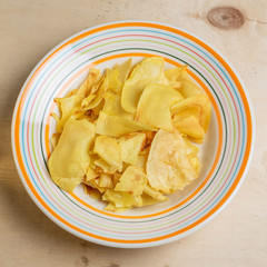 Dried Durian in a patterned dish in beautiful colors