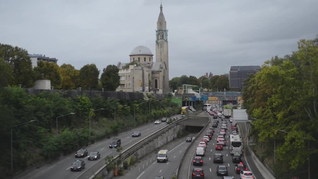 Car jam at E05 highway road in Paris, Gentilly