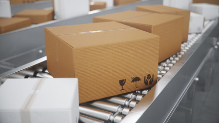 3D illustration Packages delivery, packaging service and parcels transportation system concept, cardboard boxes on a conveyor belt in a warehouse, Three conveyor belts