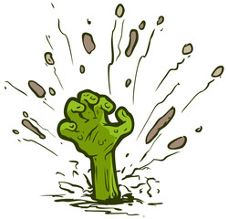 Cartoon graphicgreen scary zombie monster hand rising from soil. Isolated on white background. Halloween vector icon.