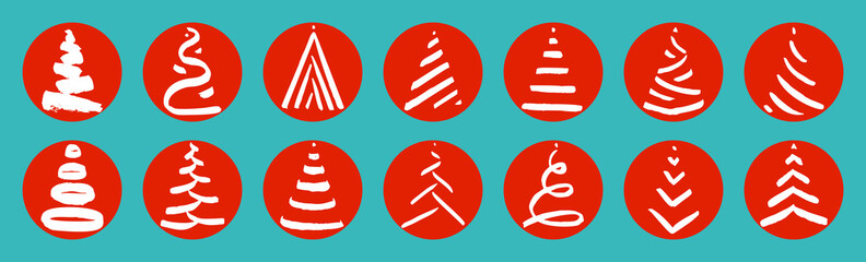 Set of minimalistic hand drawn Christmas  tree icons on blue background. New Year minimal concept. Vector illustration. Can be used for greeting card, invitation, banner, web, prints