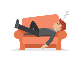 Cartoon character,businessman taking a nap on sofa.