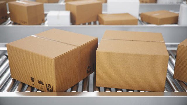 3D illustration Packages delivery, packaging service and parcels transportation system concept, cardboard boxes on a conveyor belt in a warehouse, Three conveyor belts