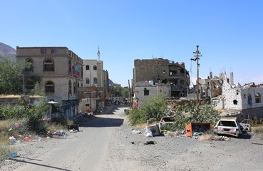 Houses destroyed due to the war in Taiz, Yemen