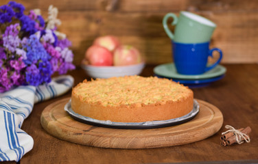 Apple pie or homemade cake with apples on table. Delicous dessert apple tart.