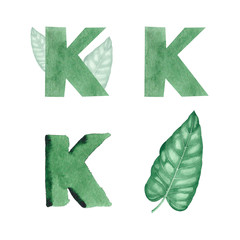 Watercolor alphabet letter K. Hand drawn green letter isolated on white. Perfect for print, poster and logo