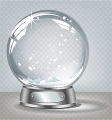 Vector realistic transparent snow globe with snow on a light abstract background
