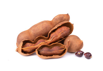 Sweet tamarind isolated on white background. Fresh tamarind fruit and seeds.