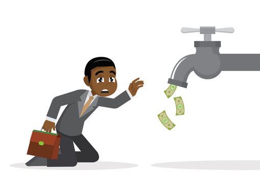 African businessman approaching a water tap flow with money.