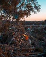 Garbage pile in nature among plants. Toxic plastic into nature everywhere. Rubbish heap in park among vegetation. Contaminated soil. Eco issue.
