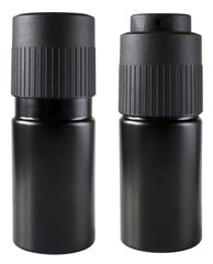Black aerosol spray bottles of deodorant isolated on white background.
