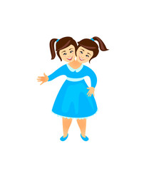 Siamese twins girls. Vector sisters in blue dress