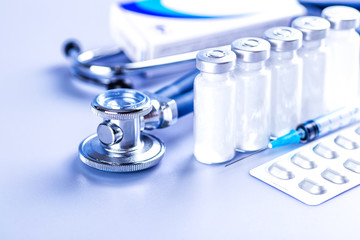 Drug prescription for treatment medication. Pharmaceutical medicament, cure in container for...