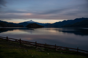 Sunset a lake whit volcano