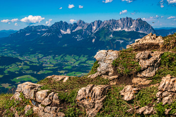 Beautiful alpine view with the Wilder Kaiser mountains at the famous Kitzbüheler Horn, Kitzbühel, Tyrol, Austria