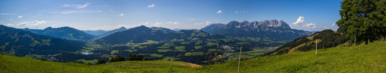 High resolution stitched panorama of a beautiful alpine view with the Wilder Kaiser mountains at the famous Kitzbüheler Horn, Kitzbühel, Tyrol, Austria
