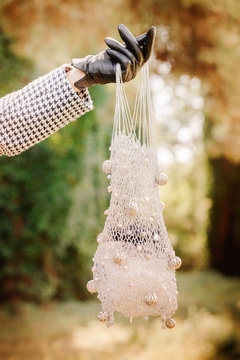 Glamorous Knitted Mesh Bag Decorated With Baroque Pearls