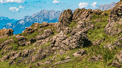 Beautiful alpine view with the Wilder Kaiser mountains at the famous Kitzbüheler Horn, Kitzbühel, Tyrol, Austria